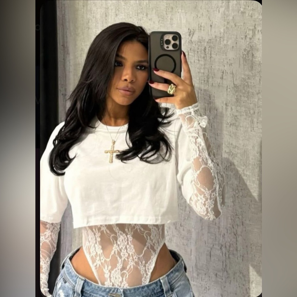 Lace Long Sleeve Bodysuit with Crop Top - Picture 13 of 15